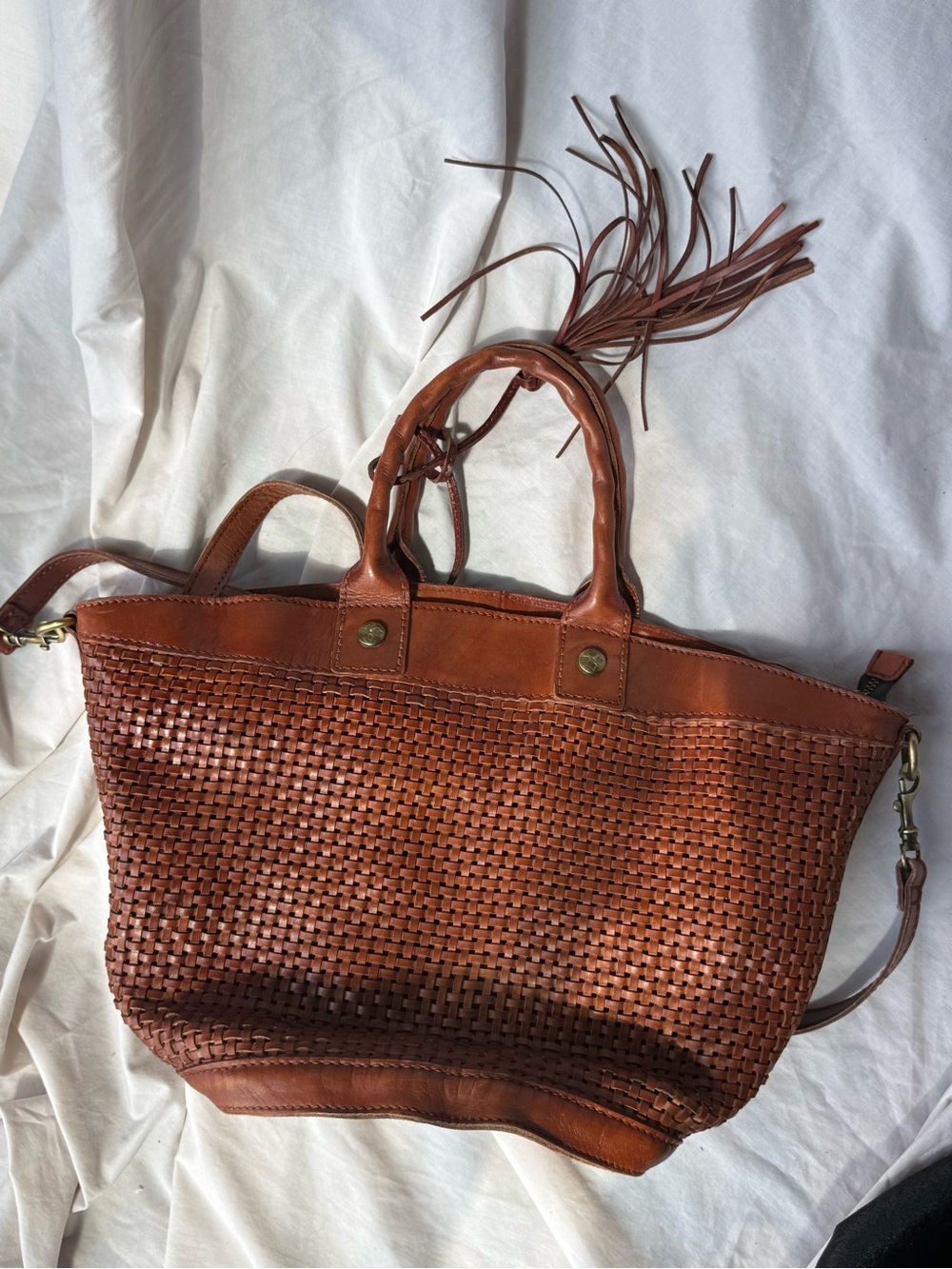 Patricia Nash Emiliano Med Rust Leather Tote Bag Woven With Tassels Purse
